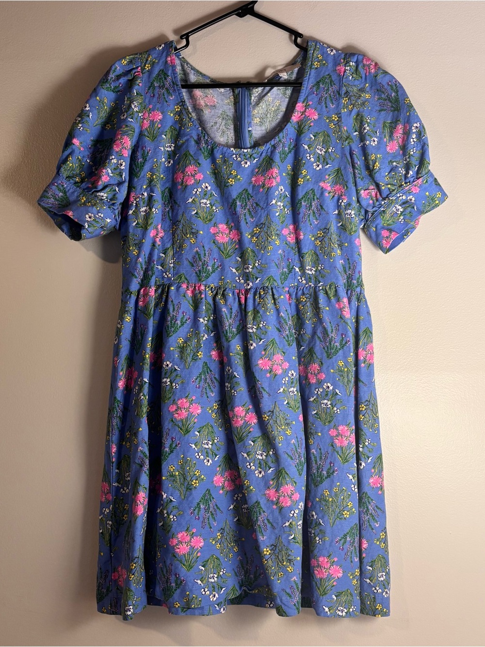 LOFT Blue Floral Linen Blend Dress with Pink and Green Accents